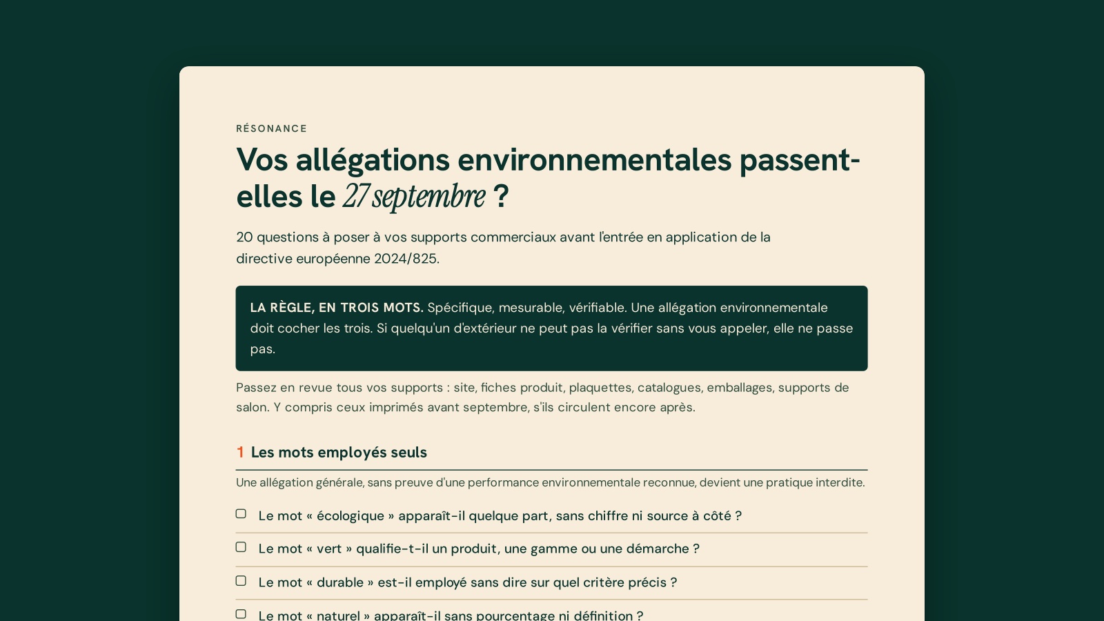 Première page de la checklist Résonance : vos allégations environnementales passent-elles le 27 septembre ?